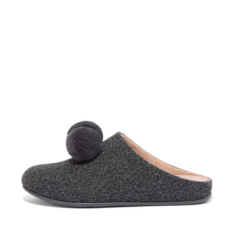 Chinelos De Feltro Fitflop Pom-pom Cinza Estanho